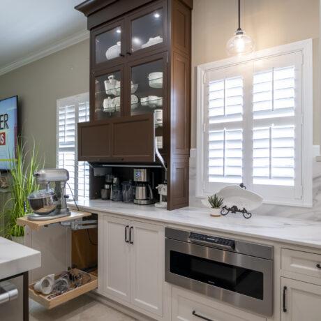 Inset Custom Cabinets in Kitchen with Mixer Lift and Appliance Garage