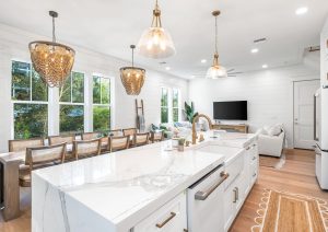 island view of white shaker cabinets in the kitchen